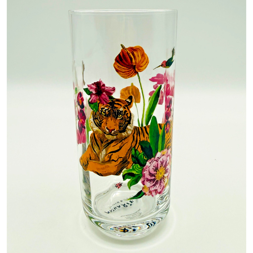 Anthropologie Nathalie Lete Tropical Juice Glass Tiger Titania 10 oz Floral 5" H
